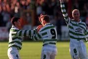 29 July 1998; Celtic players, from left, Jacky McNamara, Harald Brattbakk and Craig Burley celebrate after Harald Brattbakk scored his sides first goal during the UEFA Champions League Qualifying First Round Second Leg match between St Patrick's Athletic and Celtic at Tolka Park in Dublin. Photo by David Maher/Sportsfile.