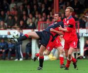 11 October 1998; Ian Gilzean of St Patrick's Athletic in action against Tony McCarthy of Shelbourne during the Harp Lager National League Premier Division match between Shelbourne and St Patrick's Athletic at Tolka Park in Dublin. Photo by David Maher/Sportsfile.