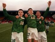 8 May 1998; Republic of Ireland players, from left, David Warren, Desmond Byrne and goalscorer Keith Foy celebrate following the UEFA Under-16 Championship Final Republic of Ireland v Italy at McDiarmid Park in Perth, Scotland. Photo by Brendan Moran/Sportsfile.