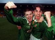 8 May 1998; Republic of Ireland's David Warren, left, and John Thompson celebrate following the UEFA Under-16 Championship Final Republic of Ireland v Italy at McDiarmid Park in Perth, Scotland. Photo by David Maher/Sportsfile.