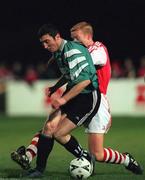 6 November 1998; Jason Byrne of Bray Wanderers is tackled by Stephen McGuinness of St Patrick's Athletic during the Harp Lager National League Premier Division match between St Patrick's Athletic and Bray Wanderers at Richmond Park in Dublin. Photo by David Maher/Sportsfile.