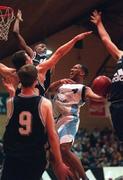 14 November 1998; Jay Fazande of Dublin Bay Vikings goes up for a basket despite the efforts of Jonathan Grennell, 9, Michael Queenan, 35, and Damon Shoultz of Killester during the ESB Superleague Basketball match between Dublin Bay Vikings and Killester at the National Basketball Arena in Tallaght, Dublin. Photo By Brendan Moran/Sportsfile.