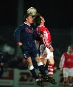 9 January 1999; Joe Reynolds of Glenmore Celtic in action against Trevor Molloy of St Patrick's Athletic during the Harp Lager League Cup First Round match between St Patrick's Athletic and Glemore Celtic at Richmond Park in Dublin. Photo by Brendan Moran/Sportsfile