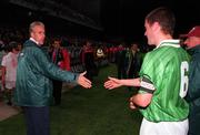 14 October 1998; Republic of Ireland manager Mick McCarthy congratulates Roy Keane following the UEFA Euro 2000 Group 8 Qualifier between Republic of Ireland and Malta at Lansdowne Road in Dublin. Photo by David Maher /Sportsfile.