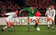 14 October 1998; Niall Quinn of Republic of Ireland in action against Darren Debona, left, and John Buttigieg of Malta during the UEFA Euro 2000 Group 8 Qualifier between Republic of Ireland and Malta at Lansdowne Road in Dublin. Photo by David Maher/Sportsfile.