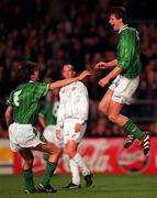 14 October 1998; Niall Quinn of Republic of Ireland, right, celebrates with team-mate Gary Breen, left, after scoring his side's fourth goal during the UEFA Euro 2000 Group 8 Qualifier between Republic of Ireland and Malta at Lansdowne Road in Dublin. Photo by David Maher/Sportsfile.
