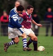 13 January 1999; Pat Keane of Cobh Ramblers in action against Sean Mulhall of Garda AFC during the Harp Lager League Cup First Round Replay match between Garda AFC and Cobh Ramblers at Westmanstown Sports Complex in Dublin. Photo by Matt Browne/Sportsfile