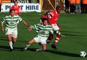 29 July 1998; Leon Braithwaite of St Patrick's Athletic in action against Thomas Boyd, left, and Paul Lambert of Celtic during the UEFA Champions League Qualifying First Round Second Leg match between St Patrick's Athletic and Celtic at Tolka Park in Dublin. Photo by Matt Browne/Sportsfile.