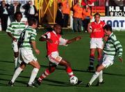 29 July 1998; Leon Braithwaite of St Patrick's Athletic in action against Thomas Boyd, left, and Paul Lambert of Celtic during the UEFA Champions League Qualifying First Round Second Leg match between St Patrick's Athletic and Celtic at Tolka Park in Dublin. Photo by David Maher/Sportsfile.