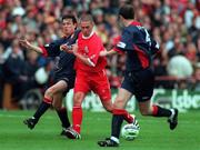 31 July 1998; Danny Murphy of Liverpool in action against Packie Lynch, right, and Martin Russell of St Patrick's Athletic during the Carlsberg Trophy match between St Patrick's Athletic and Liverpool at Lansdowne Road in Dublin. Photo by Matt Browne/Sportsfile