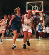 25 January 1998; May Fitzpatrick of Wildcats in action against Lisa Kenna of Opennnet Naomh Mhuire during the Sprite Women's Senior National Cup Final between Snowcream Waterford Wildcats and Opennet Naomh Mhuire at the National Basketball Arena in Tallaght, Dublin. Photo by Brendan Moran/Sportsfile