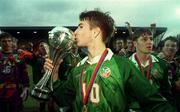 8 May 1998; Republic of Ireland Captain Shaun Byrne celebrates with the trophy following the UEFA Under-16 Championship Final Republic of Ireland v Italy at McDiarmid Park in Perth, Scotland. Photo by David Maher/Sportsfile.