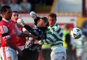 29 July 1998; St Patrick's Athletic goalkeeper Trevor Wood, and Paul Osam of St Patrick's Athletic, left, in action against Harald Brattbakk of Celtic during the UEFA Champions League Qualifying First Round Second Leg match between St Patrick's Athletic and Celtic at Tolka Park in Dublin. Photo by David Maher/Sportsfile.