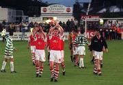 29 July 1998; St Patrick's Athletic players including Martin Reilly, left, and Colin Hawkins, second from left, acknowledge the home supporters following the UEFA Champions League Qualifying First Round Second Leg match between St Patrick's Athletic and Celtic at Tolka Park in Dublin. Photo by David Maher/Sportsfile.