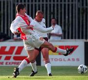 14 July 1998; Steve Fulton of Hearts has a shot at goal despite the efforts of Colin Hawkins of St Patrick's Athletic during the Club Friendly match between St Patrick's Athletic and Hearts at Richmond Park in Dublin.Photo by Matt Browne/Sportsfile.