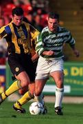 16 August 1997; Tony Cousins of Shamrock Rovers in action against Graham Doyle of Home Farm Everton during the Harp Lager National League Premier Division match between Home Farm Everton and Shamrock Rovers at Tolka Park in Dublin. Photo by Brendan Moran/Sportsfile.