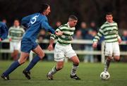 17 January 1999; Tony Cousins of Shamrock Rovers in actiom against Clive Delaney of UCD during the Harp Lager National League Premier Division match between UCD and Shamrock Rovers at Belfield Park in Dublin. Photo by Ray McManus/Sportsfile