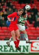 10 January 1998. Tony McCarthy of Shelbourne in action against Jason Sherlock of Shamrock Rovers during the Harp Lager League Cup First Round match between Shelbourne and Shamrock Rovers at Tolka Park in Dublin. Photo by Brendan Moran/Sportsfile.