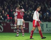 23 October 1998; Trevor Molloy of St Patrick's Athletic, left, celebrates with team-mate Ian Gilzean after scoring his side's second goal during the Harp Lager National League Premier Division match between St Patrick's Athletic and Cork City at Richmond Park in Dublin. Photo by David Maher/Sportsfile.