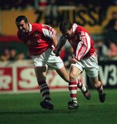 23 October 1998;  Trevor Molloy of St Patrick's Athletic, right, celebrates after scoring his side's first goal with team-mate Ian Gilzean during the Harp Lager National League Premier Division match between St Patrick's Athletic and Cork City at Richmond Park in Dublin. Photo by Damien Eagers/Sportsfile.