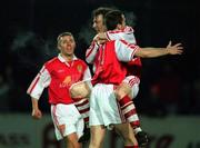 9 January 1999; Trevor Molloy of St Patrick's Athletic, right, celebrates with team-mates, Ian Gilzean, centre, and Trevor Croly, left, after scoring his first goal during the Harp Lager League Cup First Round match between St Patrick's Athletic and Glemore Celtic at Richmond Park in Dublin. Photo by Brendan Moran/Sportsfile