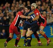 24 September 2004; Brian O'Meara, Leinster, in action against Steve Scott, left, and Scott Gray, The Borders. Celtic League 2004-2005, Leinster Rugby v The Borders, Donnybrook, Dublin. Picture credit; Damien Eagers / SPORTSFILE