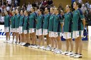 25 September 2004; The Irish team line up for the national anthem before the game. Women's European Basketball Championship, Qualifying round, Ireland v Luxembourg, National Basketball Arena, Tallaght, Dublin. Picture credit; Brendan Moran / SPORTSFILE