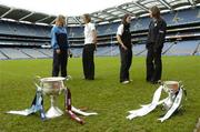 28 September 2004; Dublin senior captain Martina Farrell, far left, chats with Annette Clarke, Galway senior captain, second from left, while Jackie Mulligan, Sligo Junior captain, second from right, chats with Brianne Leahy, Kildare Junior captain, at a photocall ahead of the TG4 Ladies All-Ireland Senior and Junior Football Finals at Croke Park on Sunday. Croke Park, Dublin. Picture credit; David Maher / SPORTSFILE