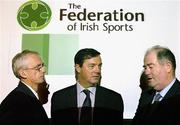 30 September 2004; John Treacy, left, Chief Executive, Irish Sports Council, and Paddy Boyd, President of the Federation of Irish Sports, in conversation with Con Haugh, right, Assistant Secretary, Department of Arts, Sports and Tourism, at the &quot; For Sport, By Sport ... Have Your Say &quot; Conference, organised by the Federation of Irish Sports, in the sportHQ, Dublin. Picture credit; Brendan Moran / SPORTSFILE