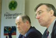 30 September 2004; Con Haugh, left, Assistant Secretary, Department of Arts, Sports and Tourism, and Jim Glennon, TD, Vice Chairman of the Oireachtas Committee on Arts, Spors, Tourism, Community, Rural and Gaeltacht Affairs, at the &quot; For Sport, By Sport ... Have Your Say &quot; Conference, organised by the Federation of Irish Sports, in the sportHQ, Dublin. Picture credit; Brendan Moran / SPORTSFILE