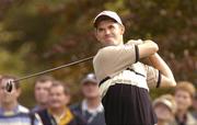 30 September 2004; Padraig Harrington watches his tee shot from the 6th tee box during round one of the American Express World Golf Championship 2004, Mount Juliet Golf Club, Thomastown, Co. Kilkenny. Picture credit; Matt Browne / SPORTSFILE