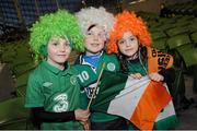 15 October 2013; Republic of Ireland supporters, from left, Diarmuid Roche, Shane Ryan and Aisling Roche, from Rosslare, Co. Wexford, before the game. 2014 FIFA World Cup Qualifier, Group C, Republic of Ireland v Kazakhstan, Aviva Stadium, Lansdowne Road, Dublin.