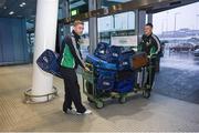 16 October 2013; Aidan Harte, Galway, left, and Lee Chin, Wexford, as the GAA Hurling 11 Teams prepare to depart for the Notre Dame Celtic Champions Classic Super Hurling 11s Exhibition matches. Dublin Airport, Dublin. Picture credit: Pat Murphy / SPORTSFILE