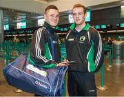 16 October 2013; Wexford Players Lee Chin and Jack Guiney, as the GAA Hurling 11 Teams prepare to depart for the Notre Dame Celtic Champions Classic Super Hurling 11s Exhibition matches. Dublin Airport, Dublin. Picture credit: Pat Murphy / SPORTSFILE