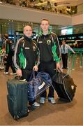 16 October 2013; Dublin players David O'Callaghan, left, and Liam Rushe as the GAA Hurling 11 Teams prepare to depart for the Notre Dame Celtic Champions Classic Super Hurling 11s Exhibition matches. Dublin Airport, Dublin. Picture credit: Pat Murphy / SPORTSFILE