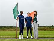 20 July 2025; Sprinter Destiny Lawal from Limerick and Shea Mathers from Newry, Down have been named as the Allianz Flagbearers for Team Ireland at the Opening Ceremony of the European Youth Olympic Festival (EYOF) in Skopje. Also pictured is Allianz Ireland’s Chief Financial Officer, Samantha Kearney. 35 Irish athletes will compete across 8 sports from the 20-27 July, and the ceremony takes place in Skopje on Sunday evening 20 July. Photo by Ramsey Cardy/Sportsfile