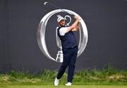 19 July 2025; Shane Lowry of Ireland watches his tee shot on the first hole during day three of The 153rd Open Championship at Royal Portrush Golf Club in Portrush, Antrim. Photo by Ramsey Cardy/Sportsfile