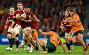19 July 2025; Ellis Genge of British & Irish Lions is tackled by Jake Gordon of Australia during the first test match between Australia and the British & Irish Lions at Suncorp Stadium in Brisbane, Australia. Photo by Brendan Moran/Sportsfile