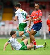 19 July 2025; Kitt Nelson, left, and Matthew Kiernan of Cork City in action against Kimolo Ndee of Leicester Celtic during the Sports Direct Men’s FAI Cup second round match between Cork City and Leicester Celtic at Turner’s Cross in Cork. Photo by Stephen McCarthy/Sportsfile