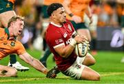 19 July 2025; Sione Tuipulotu of British & Irish Lions scores his side's first try during the first test match between Australia and the British & Irish Lions at Suncorp Stadium in Brisbane, Australia. Photo by Brendan Moran/Sportsfile