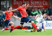 19 July 2025; Darragh Crowley of Cork City in action against Owen Norton of Leicester Celtic during the Sports Direct Men’s FAI Cup second round match between Cork City and Leicester Celtic at Turner’s Cross in Cork. Photo by Stephen McCarthy/Sportsfile