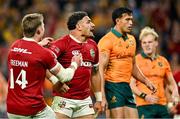 19 July 2025; Sione Tuipulotu of British & Irish Lions, right, celebrates with teammate Tommy Freeman, 14, after scoring their side's first try during the first test match between Australia and the British & Irish Lions at Suncorp Stadium in Brisbane, Australia. Photo by Brendan Moran/Sportsfile
