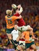 19 July 2025; Tommy Freeman of British & Irish Lions in action against Tom Lynagh of Australia during the first test match between Australia and the British & Irish Lions at Suncorp Stadium in Brisbane, Australia. Photo by Brendan Moran/Sportsfile