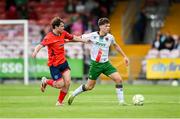 19 July 2025; Kitt Nelson of Cork City is tackled by Eoghan Hennessy of Leicester Celtic during the Sports Direct Men’s FAI Cup second round match between Cork City and Leicester Celtic at Turner’s Cross in Cork. Photo by Stephen McCarthy/Sportsfile