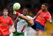 19 July 2025; Kimolo Ndee of Leicester Celtic in action against Malik Dijksteel of Cork City during the Sports Direct Men’s FAI Cup second round match between Cork City and Leicester Celtic at Turner’s Cross in Cork. Photo by Stephen McCarthy/Sportsfile