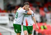 19 July 2025; Kitt Nelson is congratulated by his Cork City team-mate Charlie Lutz, left, after scoring their side's second goal during the Sports Direct Men’s FAI Cup second round match between Cork City and Leicester Celtic at Turner’s Cross in Cork. Photo by Stephen McCarthy/Sportsfile