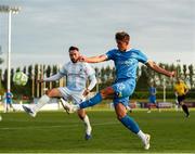 18 July 2025; Finlay Armstrong of Waterford in action against Samuel McGowan of St Mochta's during the Sports Direct Men’s FAI Cup second round match between Waterford and St Mochta’s at the Regional Sports Centre in Waterford. Photo by Michael P Ryan/Sportsfile