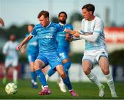 18 July 2025; Conan Noonan of Waterford in action against Ciaran Grogan of St Mochta's during the Sports Direct Men’s FAI Cup second round match between Waterford and St Mochta’s at the Regional Sports Centre in Waterford. Photo by Michael P Ryan/Sportsfile