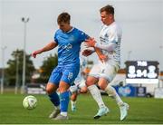 18 July 2025; Tommy Lonergan of Waterford in action against Conor Dunne of St Mochta's during the Sports Direct Men’s FAI Cup second round match between Waterford and St Mochta’s at the Regional Sports Centre in Waterford. Photo by Michael P Ryan/Sportsfile