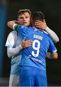 18 July 2025; Conor Dunne of St Mochta's and Padraig Amond of Waterford after the Sports Direct Men’s FAI Cup second round match between Waterford and St Mochta’s at the Regional Sports Centre in Waterford. Photo by Michael P Ryan/Sportsfile